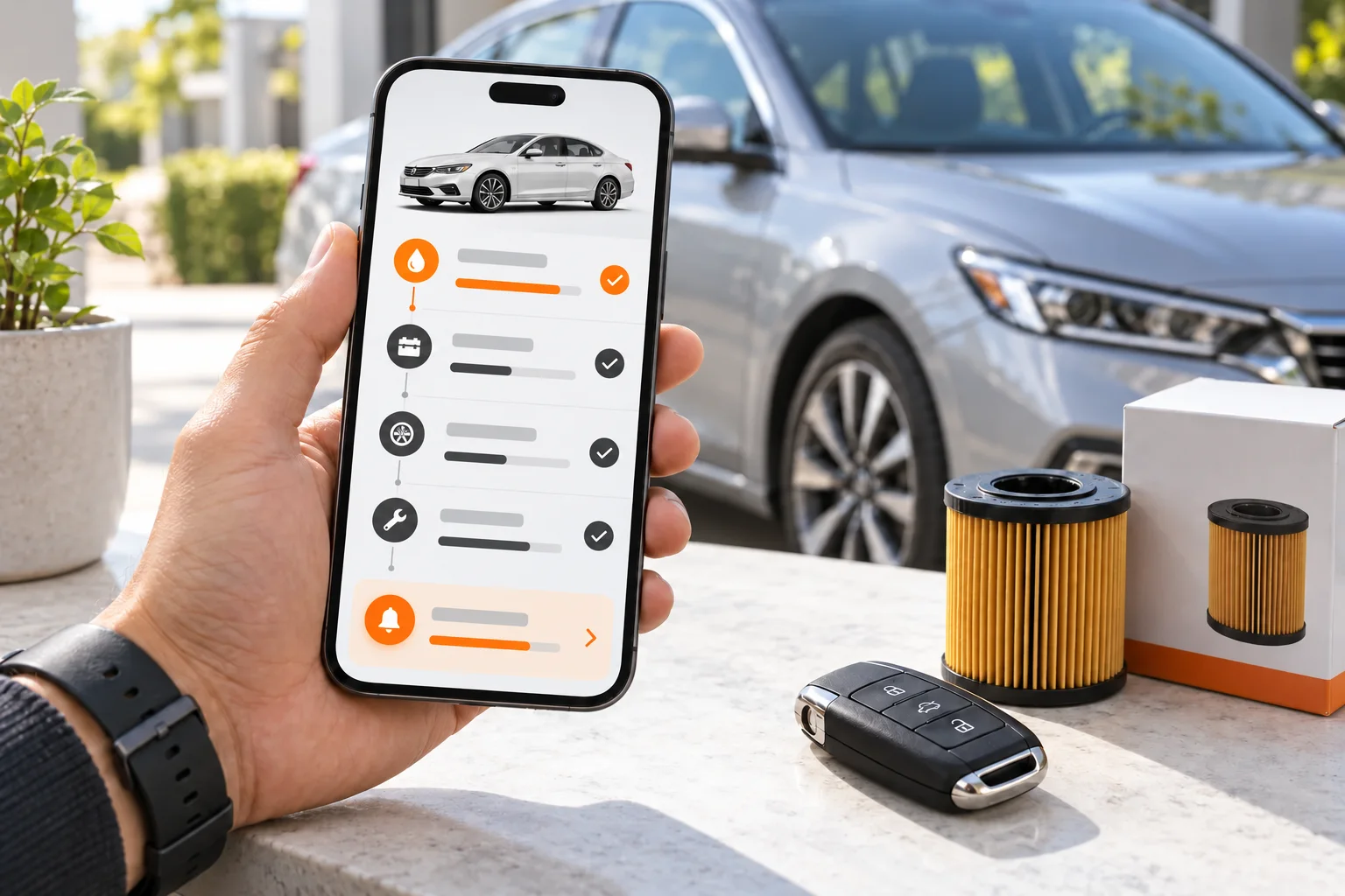 A driver viewing a vehicle service timeline and next-service reminder on a phone