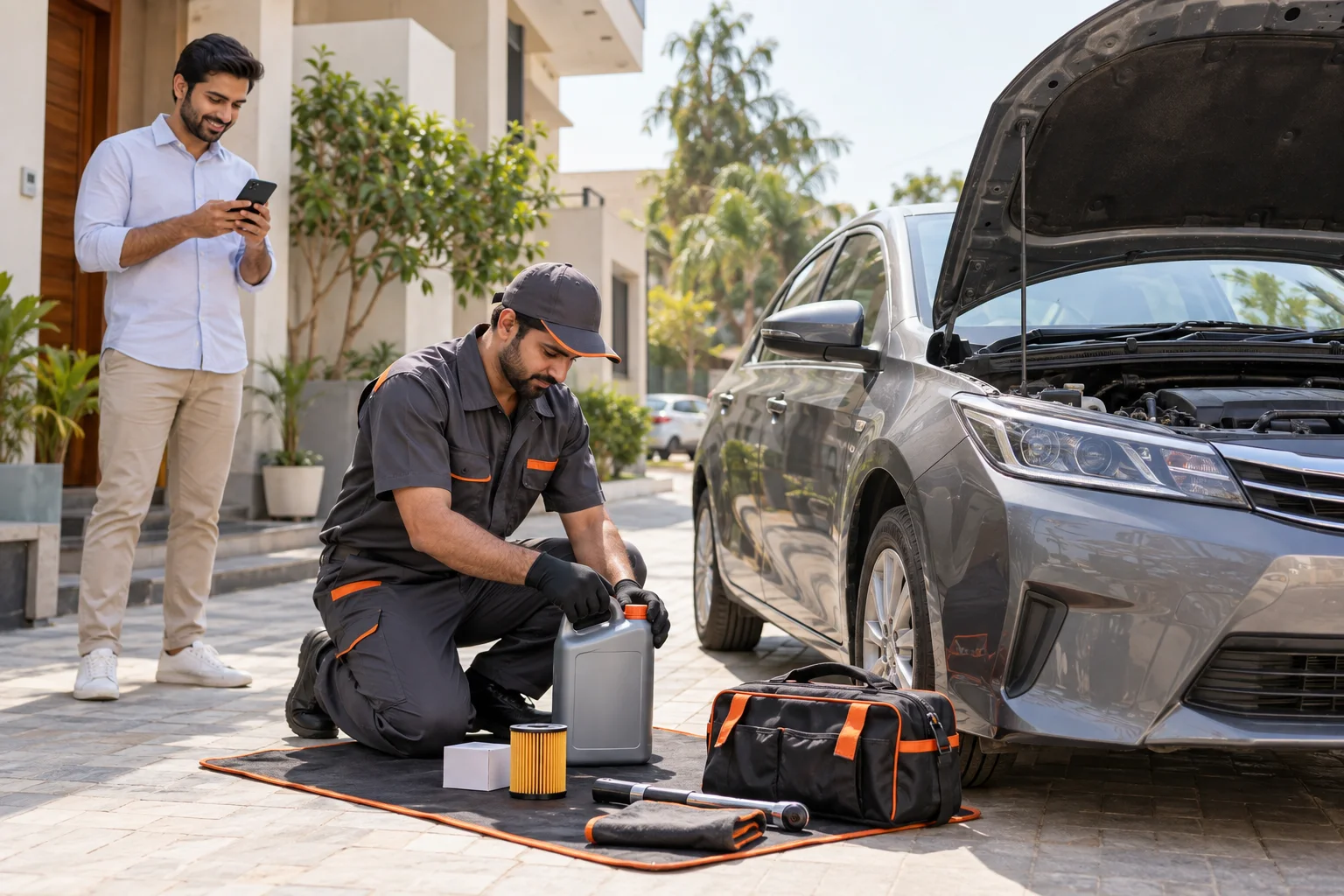 A mobile technician performing a doorstep oil change while the customer follows the service on his phone